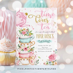 May include: A pink and white tea party invitation featuring a stack of teacups and a teapot. The invitation reads "Time for tea" and "Join us for a tea party to celebrate Piper Rose's 4th birthday".