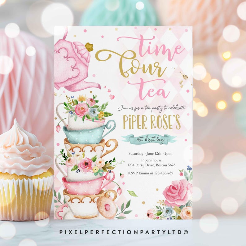May include: A pink and white tea party invitation featuring a stack of teacups and a teapot. The invitation reads "Time for tea" and "Join us for a tea party to celebrate Piper Rose's 4th birthday".