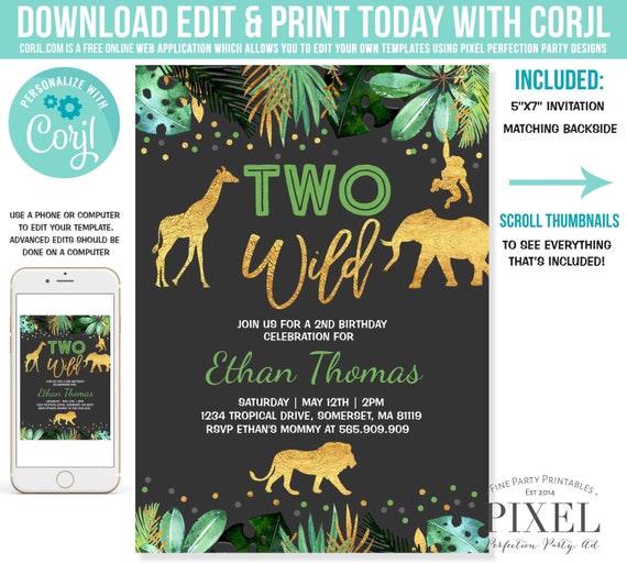 Two Wild Birthday Invitation Safari Animals Invitation Gold Jungle Safari Animal Party Two Wild Party Instant Download Editable File E6 Il_570xn