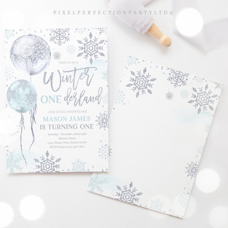 Editable WINTER ONEderland Invitation Blue And Silver Watercolor Snowflake Balloons Whimsical Winter ONEderland Birthday Instant Download HH image 5