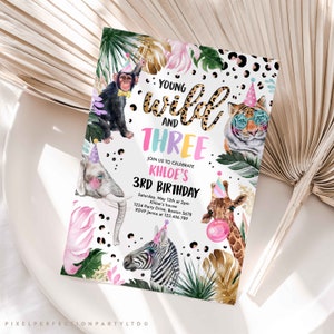 Editable Young Wild And Three Leopard Print Safari Animals Birthday Party Invitation Leopard Print Wild And Three Birthday Party Download DL