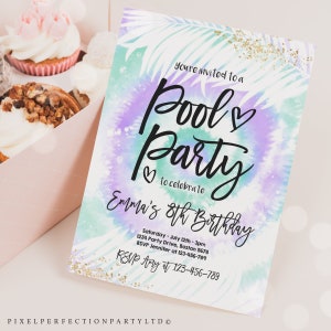 Editable Pool Party Invitation Girly Purple & Blue Tie Dye Pool Party Invite Pool Birthday Summer Swimming Pool Party Instant Download P4