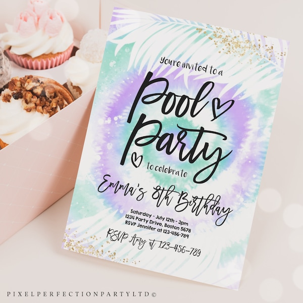 Editable Pool Party Invitation Girly Purple & Blue Tie Dye Pool Party Invite Pool Birthday Summer Swimming Pool Party Instant Download P4