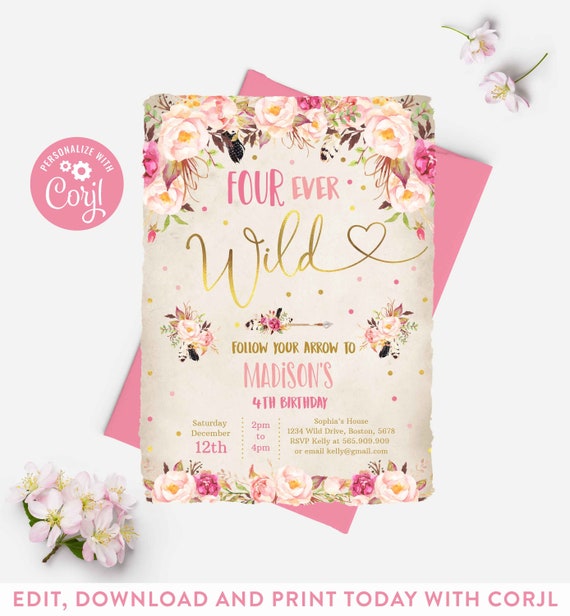 Download Four Ever Wild Birthday Invitation Boho Floral Feathers 4th Birthday Tribal Arrow Boho 4th Birthday Party Instant Download Editable Bv By Pixel Perfection Party Ltd Catch My Party