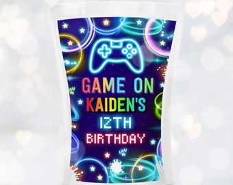 Editable Video Game Birthday Juice Pouch Label Neon Gamer Birthday Game On Level Up Birthday Glow Gamer Party Decor Instant Download KN