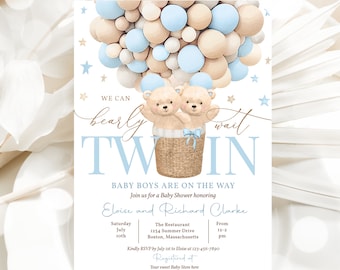 Könnte beinhalten: Eine Babyparty-Einladung in Blau- und Beigetönen. Die Einladung zeigt zwei Teddybären in einem Korb, umgeben von blauen und beigen Luftballons. Der Text auf der Einladung lautet "We can barely wait TWIN Baby Boys are on the way. Join us for a Baby Shower honoring Eloise and Richard Clarke. Saturday July 10th The Restaurant 1234 Summer Drive Boston, Massachusetts From 12-2 pm Kindly RSVP by July 1st to Eloise at 123-456-7890 Registered at Your sweet Baby Store here."