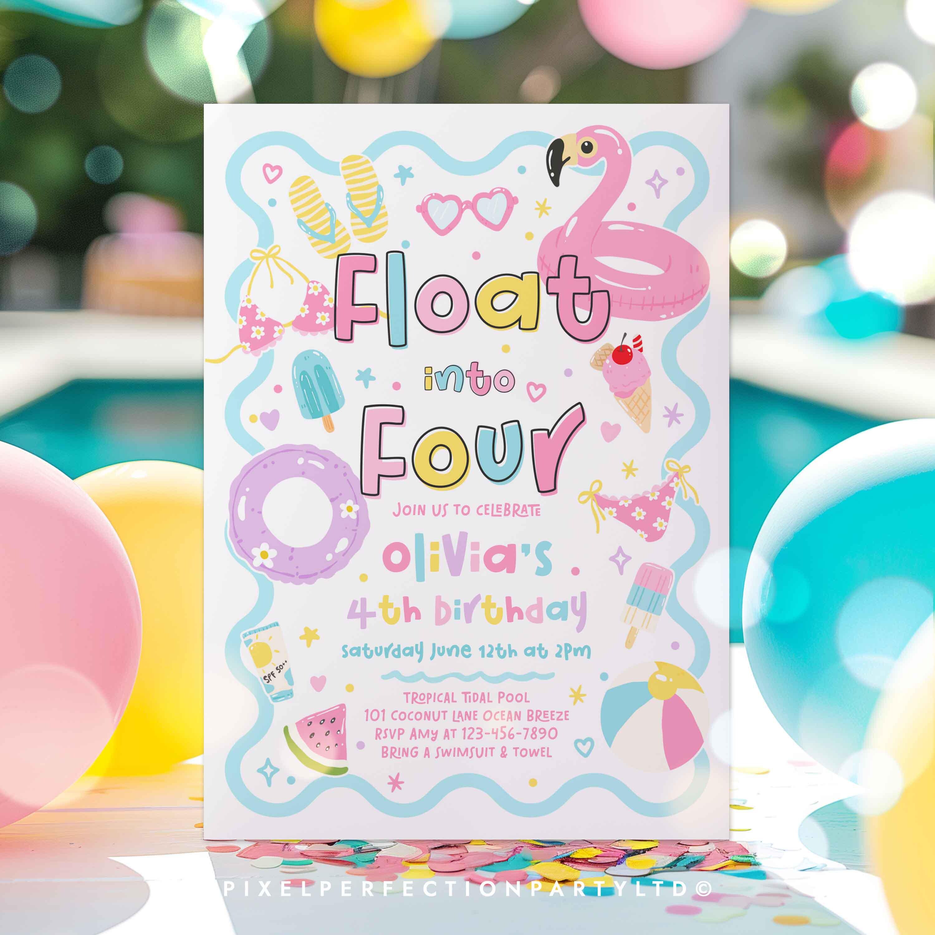 Floating Invite Editable Float Into Four Pool Party Birthday Invitation, 4th Birthday ...