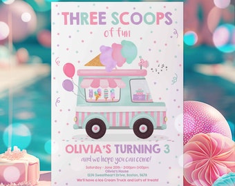 Editable Ice Cream Truck Three Scoops Of Fun 3rd Birthday Party Invitation Ice Cream 3rd Birthday Three Scoops Of Fun Instant Download YU