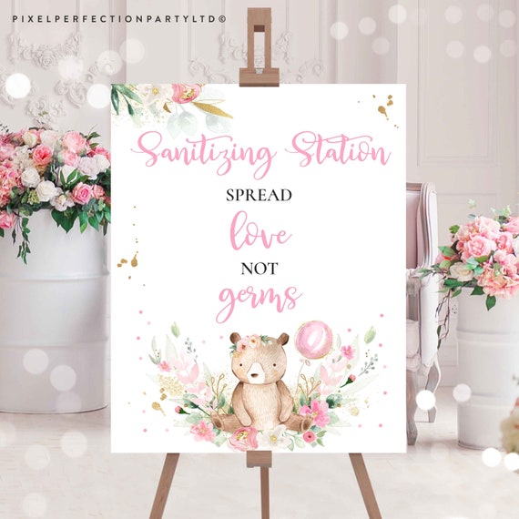 Teddy Bear Baby Shower Table Sign Sanitizing Station Sign We Can Bearly Wait Baby Shower Signs Blue Floral Boy Teddy Bear Baby Shower TB Il_570xn