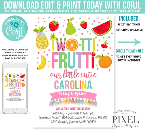 Tutti Frutti Birthday Invitation TWO-TTI FRUTTI Birthday Invitation Girl 2nd Birthday Invitation Fruit Birthday Invite Pool Party Invite T2 Il_570xn