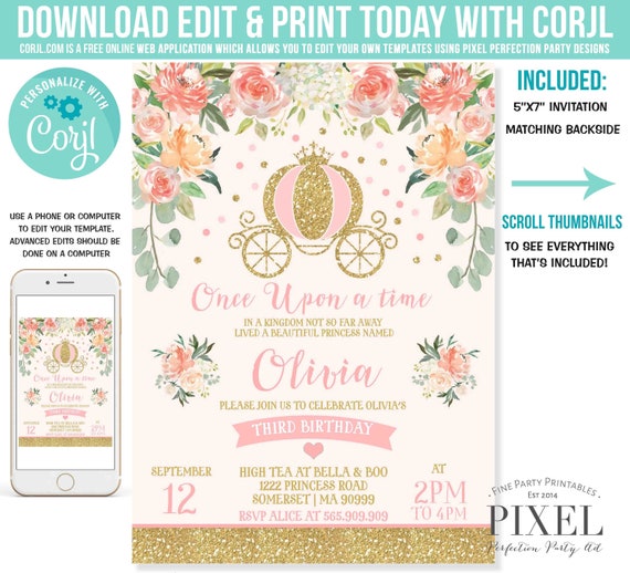 Download Princess Birthday Poster Princess 1st Birthday Milestone Poster Pink Gold Princess Carriage Birthday Party Instant Editable File Corjl N4 Party Supplies Paper Party Supplies