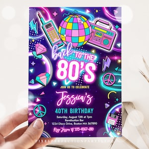 Editable 80s Birthday Party Invitation Back To The 80s Neon Retro Rewind 1990s Disco Dance 30th 40th 2000s Y2K 90s Birthday Instant File Y7