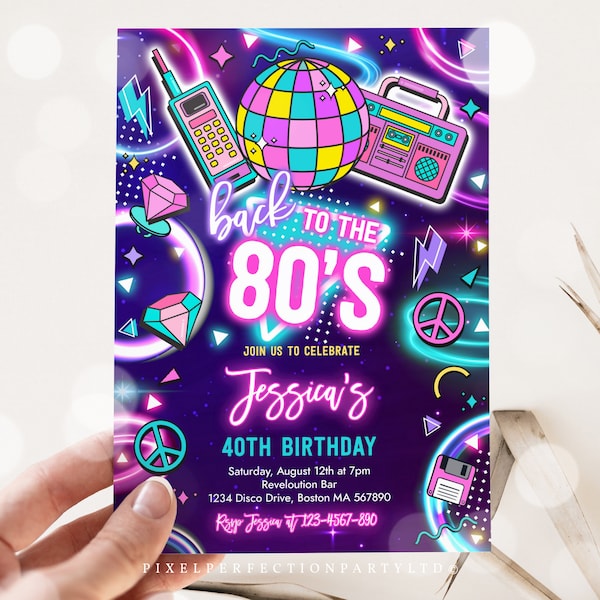 Editable 80s Birthday Party Invitation Back To The 80s Neon Retro Rewind 1990s Disco Dance 30th 40th 2000s Y2K 90s Birthday Instant File Y7