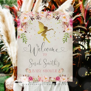 Fairy Baby Shower welcome sign Floral Fairy Baby Shower Welcome Sign Rustic Floral Fairy Shower Tea Party baby Party Decor Editable Corjl N1
