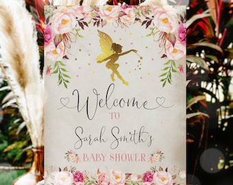 Fairy Baby Shower welcome sign Floral Fairy Baby Shower Welcome Sign Rustic Floral Fairy Shower Tea Party baby Party Decor Editable Corjl N1