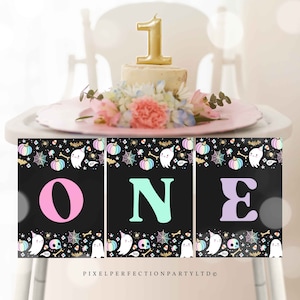 Pastel Halloween Ghost Highchair Banner Neon Ghost Spooky One Highchair Banner Spooktacular Halloween One 1st Birthday Instant Download DQ