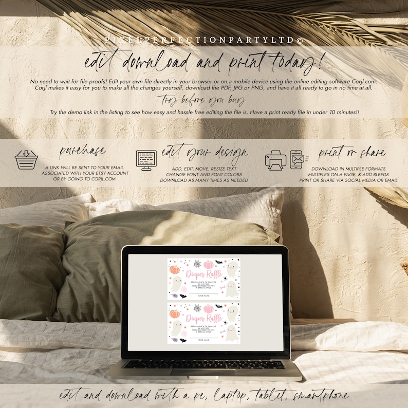 K&ouml;nnte beinhalten: Ein Laptop zeigt ein Design f&uuml;r eine Halloween-Windel-Tombola-Karte. Die Karte zeigt K&uuml;rbisse, Geister und Flederm&auml;use. Auf dem Bildschirm steht "edit download and print today!". Das Bild enth&auml;lt auch Text zum Kauf, Bearbeiten und Drucken.