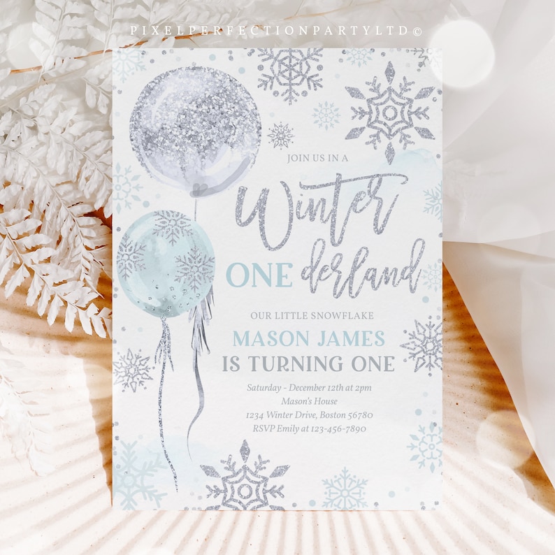 Editable WINTER ONEderland Invitation Blue And Silver Watercolor Snowflake Balloons Whimsical Winter ONEderland Birthday Instant Download HH image 2