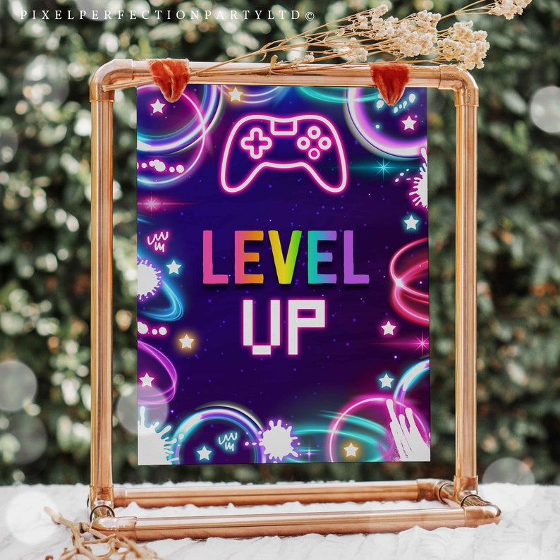 Video Game Birthday Level up Party Sign Neon Gamer Birthday Etsy