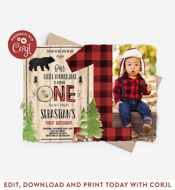 Lumberjack Birthday Invitation Lumberjack First Birthday Invite Lumberjack Bear Red Plaid Lumberjack Instant Download Editable File Corjl LB Il_570xn
