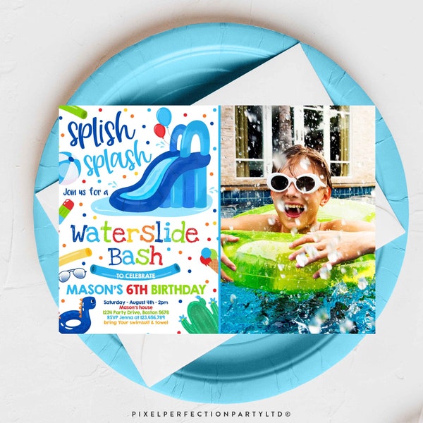 Editable Waterslide Birthday Party Invitation Water Slide Bash Summer Pool Party Boy Blue Pool Party BBQ Pool Party Instant Download AR