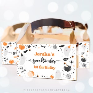 Editable Orange Halloween Ghost Gable Box Labels Neutral Ghost Spooky Party Spooktacular Halloween Birthday Favors Instant Download G8