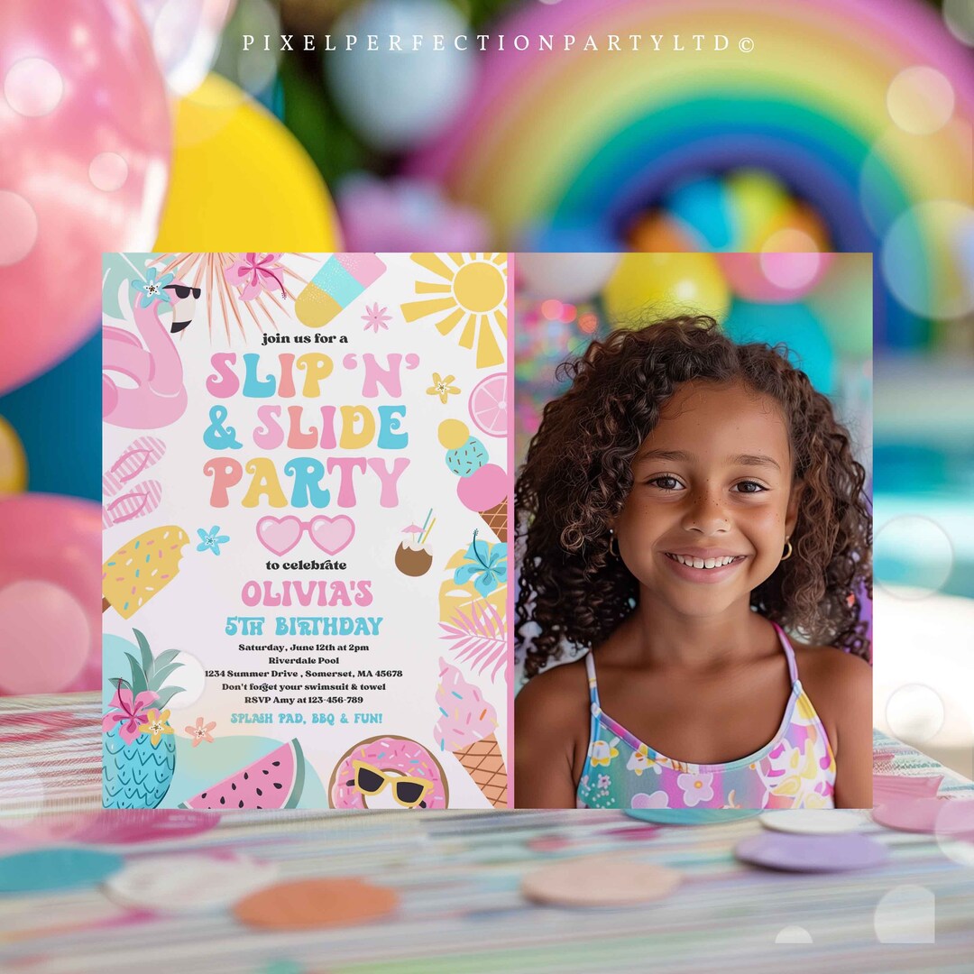 Editable Slip N Slide Birthday Party Invitation Tropical Splish Splash