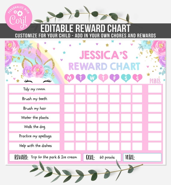 Editable Unicorn Reward Chart Unicorn Kids Chore Chart Kids Unicorn Routine Chart Kids Responsibility Chore Chart Instant Download File Il_570xn
