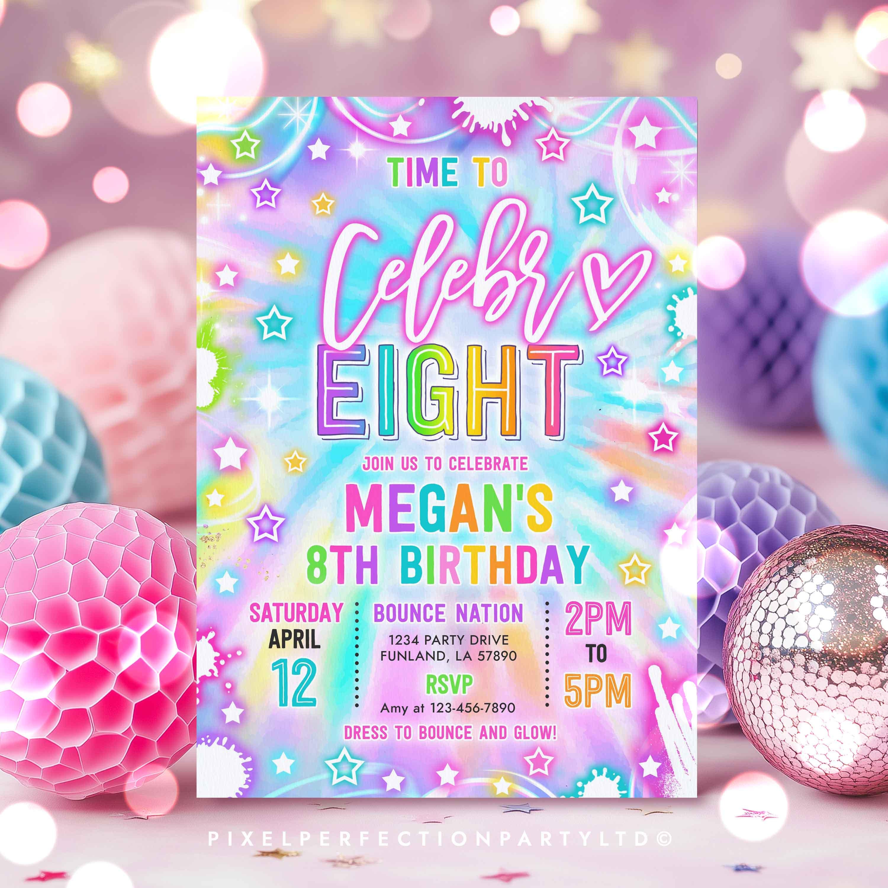 Editable Time to Celebr-8 8th Birthday Party Invitation Neon Glow