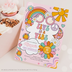 Editable Five Is A Vibe Groovy 5th Birthday Party Invitation Peace Love Party Groovy Rainbow Hippie 70s Birthday Party Instant Download D0