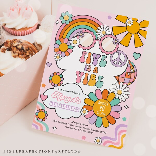 Editable Five Is A Vibe Groovy 5th Birthday Party Invitation Peace Love Party Groovy Rainbow Hippie 70s Birthday Party Instant Download D0