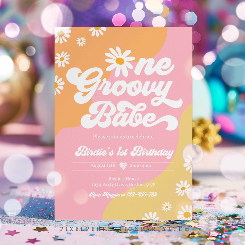 Editable One Groovy Baby 1st Birthday Party Invitation Boho Retro ...