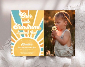 Editable Our Little Sunshine 1st Birthday Invitation Retro Blue & Yellow Boy First Trip Around The Sun Birthday Party Instant Download S7