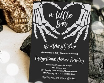 Editable Halloween Baby Shower Invitation Gothic Skellington Love Hands A little Boo Is Almost Due Halloween Baby Shower Instant Download V5