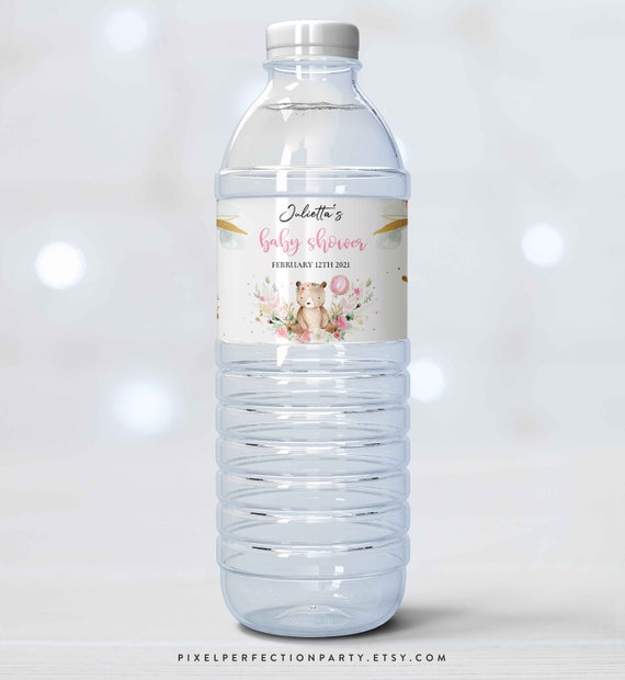 Editable Teddy Bear Girl Baby Shower Water Bottle labels Pink Floral Girl Teddy Bear Baby Shower Decorations Girl Bear Instant Download TB Il_570xn