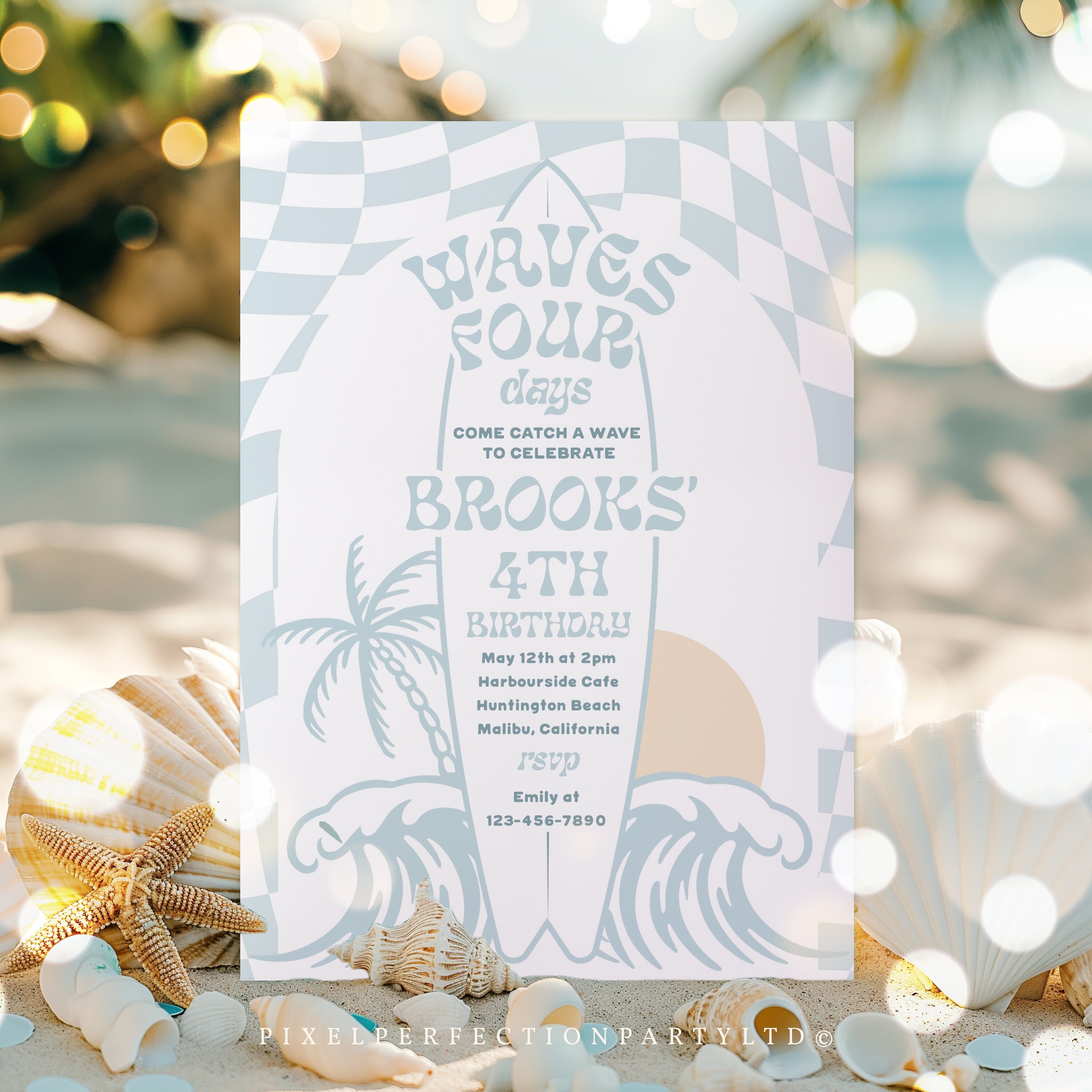 Editable Surf 4th Birthday Party Invitation Waves Four days Surfing Party Modern Minimal Checkered Surfboard Party Instant Download AW