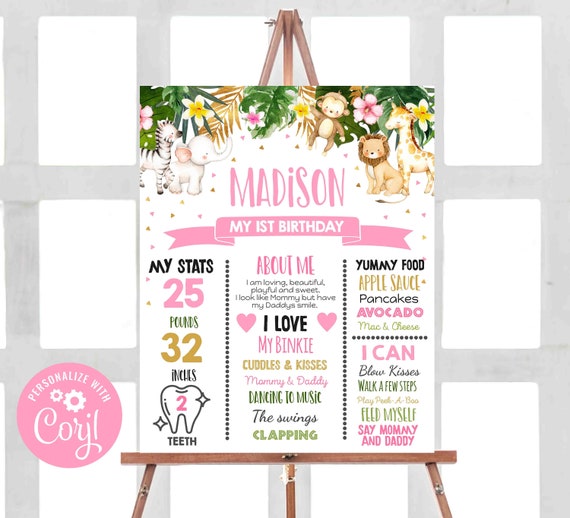 Editable Safari Birthday Milestone Poster Wild One Birthday Milestone Poster Gold Safari Party Jungle Zoo Decor Instant Download Corjl 25 Il_570xn