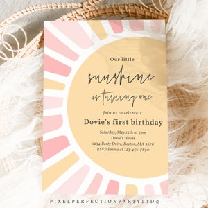 Editable Our Little Sunshine 1st Birthday Invitation Girl Boho Sunshine Birthday 1st Trip Around The Sun Birthday Party Instant Download S2