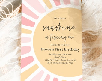 Editable Our Little Sunshine 1st Birthday Invitation Girl Boho Sunshine Birthday 1st Trip Around The Sun Birthday Party Instant Download S2