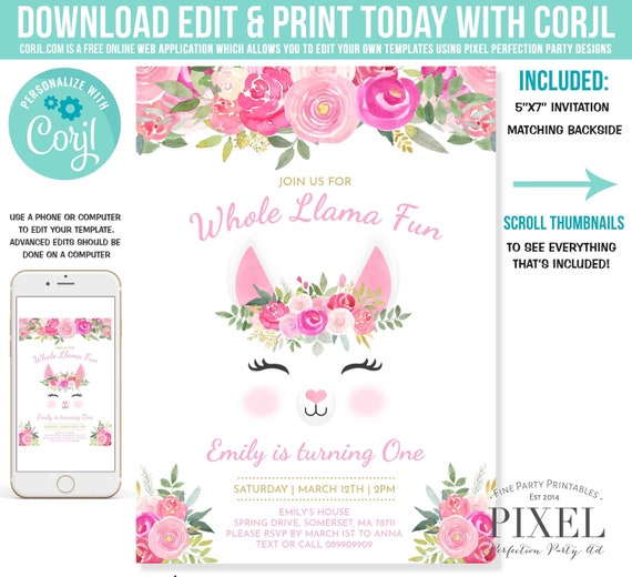 Llama Invitation Llama Birthday Invitation Whole Llama Fun Invitation Pink And Gold Floral Llama Party Instant Download Editable PDF S5 Il_570xn