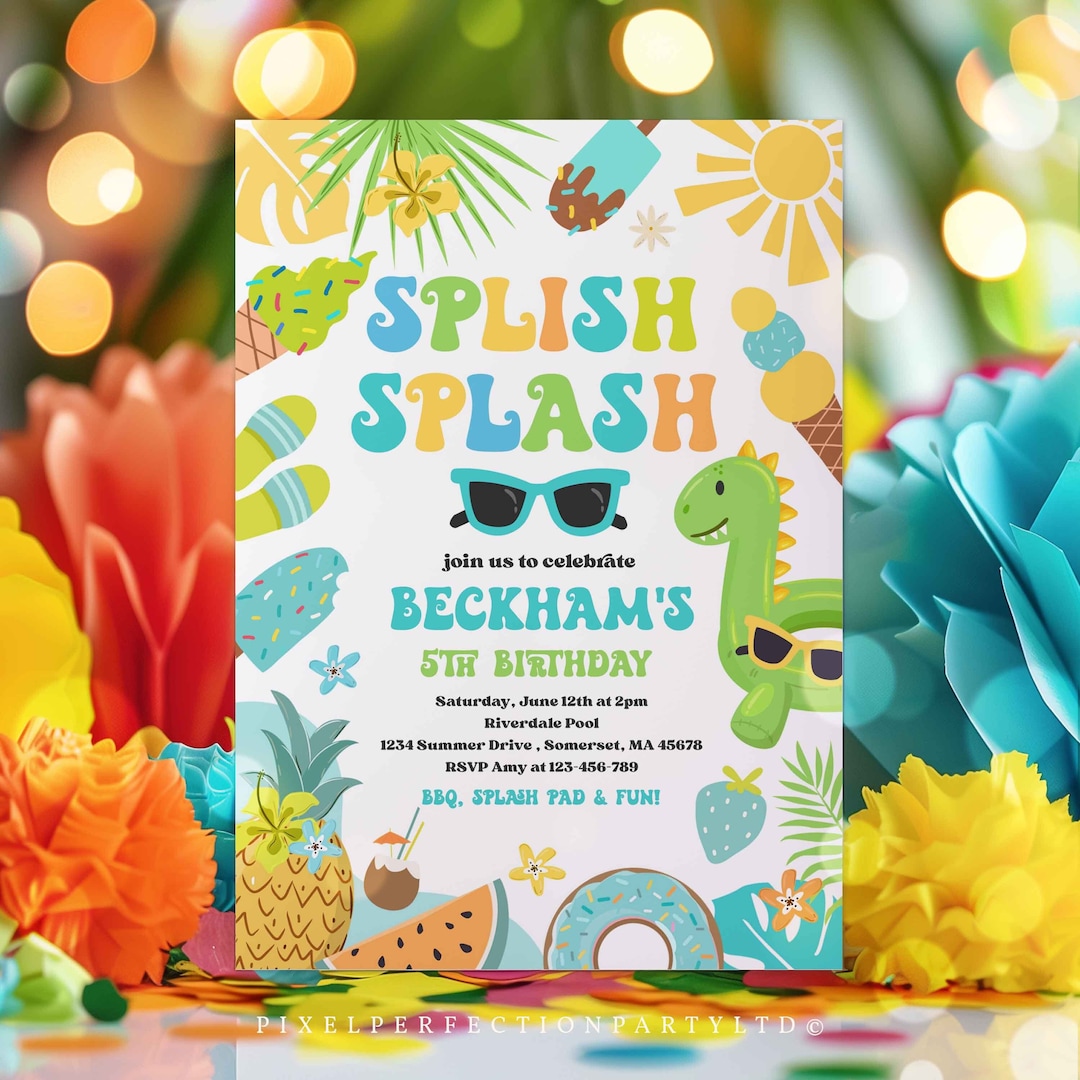 Editable Tropical Splish Splash Water Birthday Party Invitation