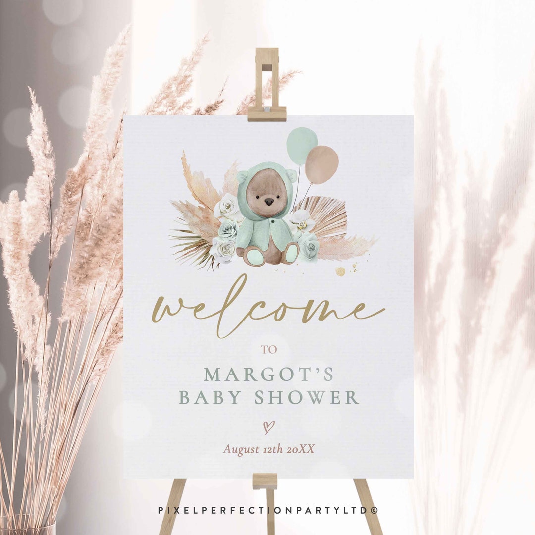 Editable Boho Teddy Bear Baby Shower Welcome Sign Bohemian - Etsy UK