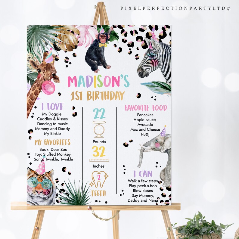 May include: A colourful jungle-themed first birthday sign for a girl named Madison. The sign features a giraffe, zebra, monkey, tiger, and elephant, along with details like her weight, height, and number of teeth. The sign is decorated with black and white polka dots, leopard print, and green leaves.