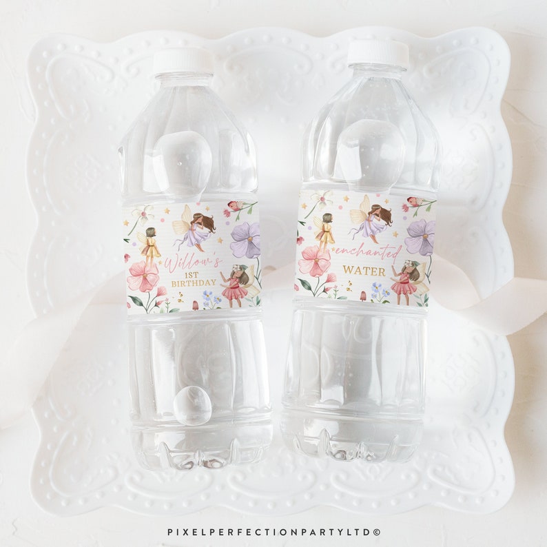 Editable Fairy Birthday Party Water Bottle Labels Enchanted Magical Floral Fairy Princess Party Water Bottle Wraps Instant Download SF image 1