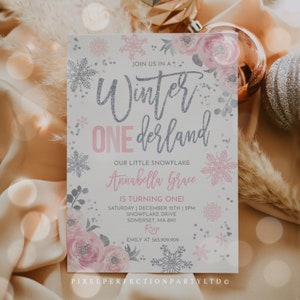 Editable Winter ONEderland Invitation Pink And Silver Winter ONEderland Invitation Floral Winter ONEderland Party Instant Download WS1