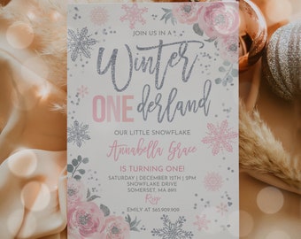 Editable Winter ONEderland Invitation Pink And Silver Winter ONEderland Invitation Floral Winter ONEderland Party Instant Download WS1