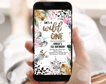 Editable Wild One Leopard Print Safari Animals Birthday Party Evite Invitation Wild One Electronic Text Message Invite Instant File GY