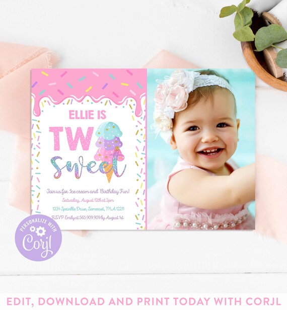 Editable Ice Cream Invitation Ice Cream Birthday Invitation Two Sweet 2nd Birthday Party Ice Cream Two Sweet Party Instant Download X0 Il_570xn