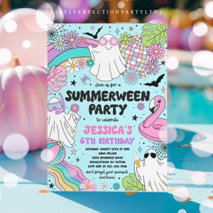 Editable Summerween Birthday Party Invitation Summer Halloween Ghost Birthday Groovy Rainbow Ghost Summer Pool Party Instant Download 37Y image 3