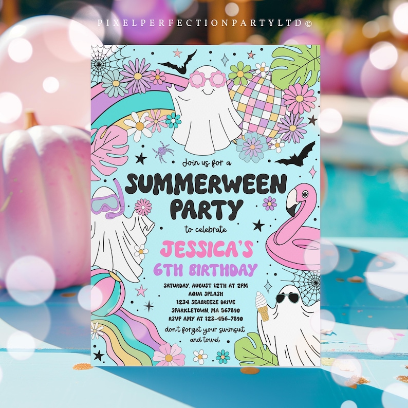 Editable Summerween Birthday Party Invitation Summer Halloween Ghost Birthday Groovy Rainbow Ghost Summer Pool Party Instant Download 37Y image 3